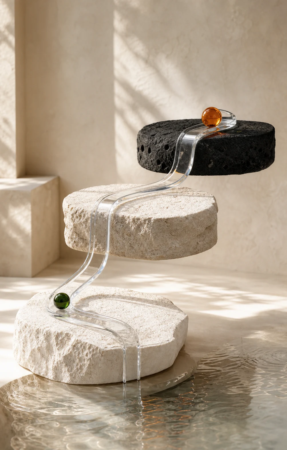 Sculptural mineral platforms, volcanic stone, clear glass and orange markers beside water.