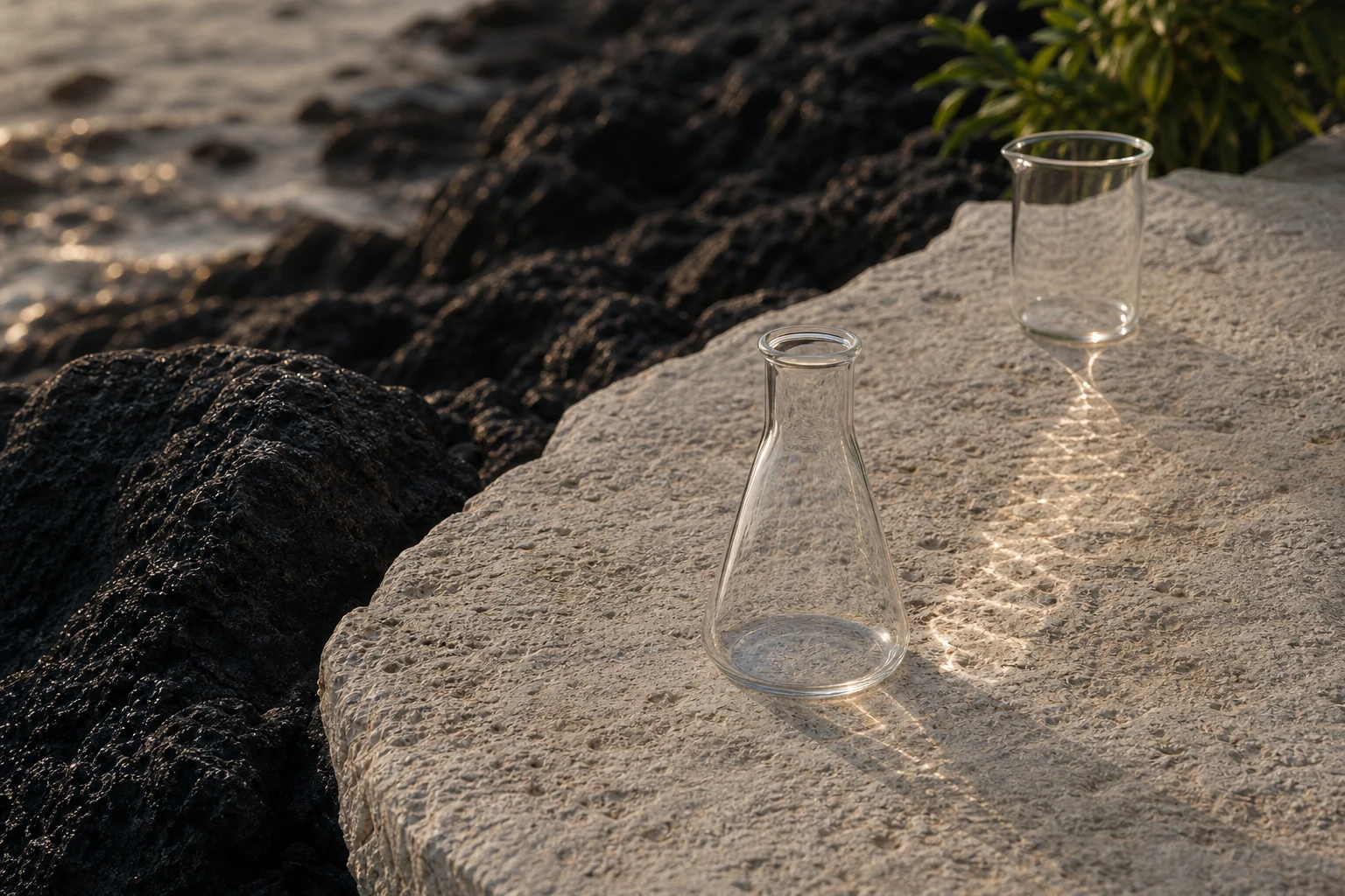 Clear laboratory glass on warm stone beside volcanic rock.