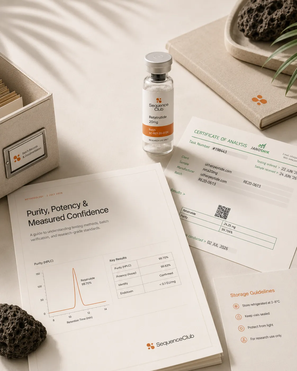 Retatrutide vial beside a Certificate of Analysis and testing documentation on a desk