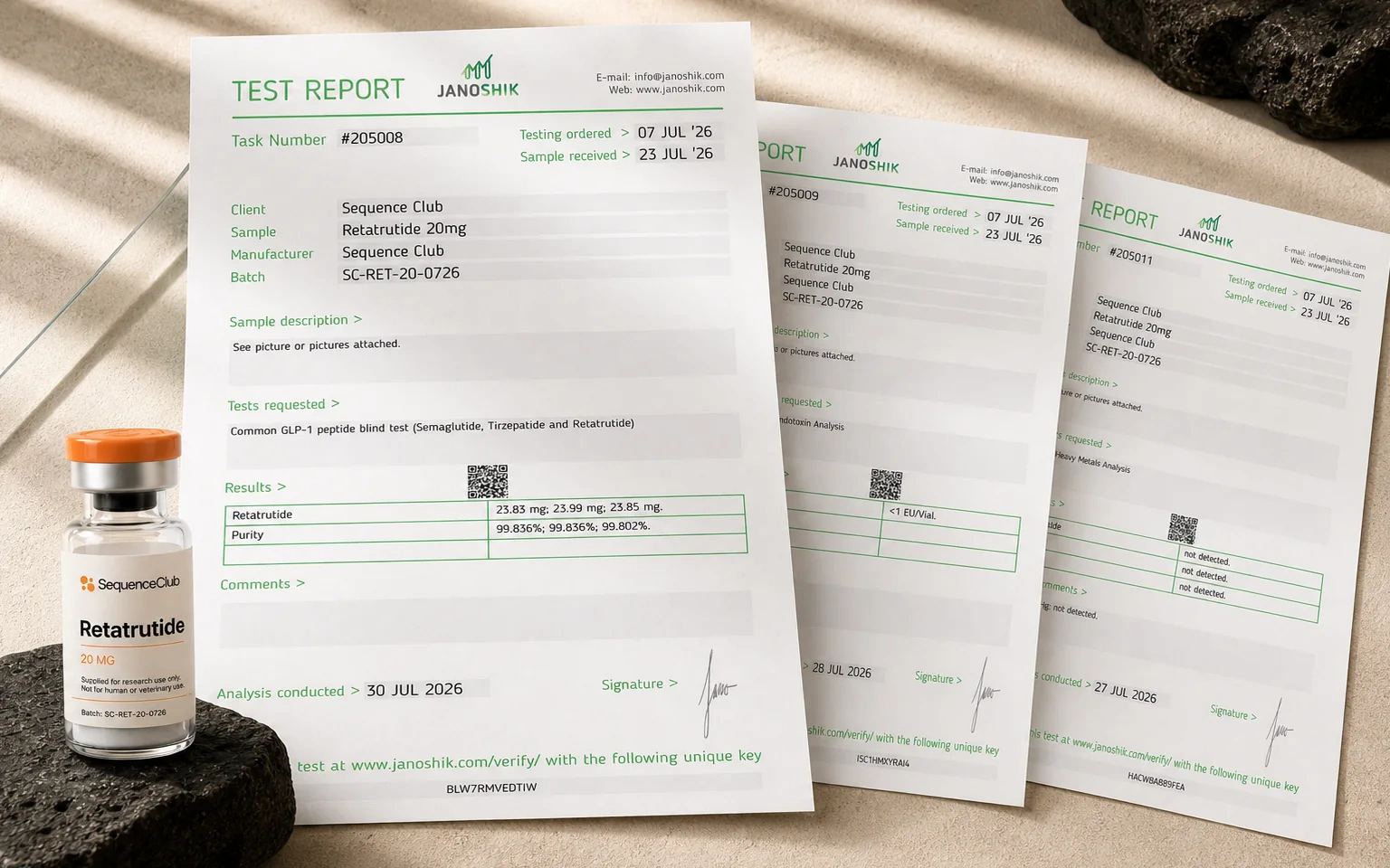 Retatrutide vial beside three third-party test reports for mass and purity, endotoxin, and heavy metals