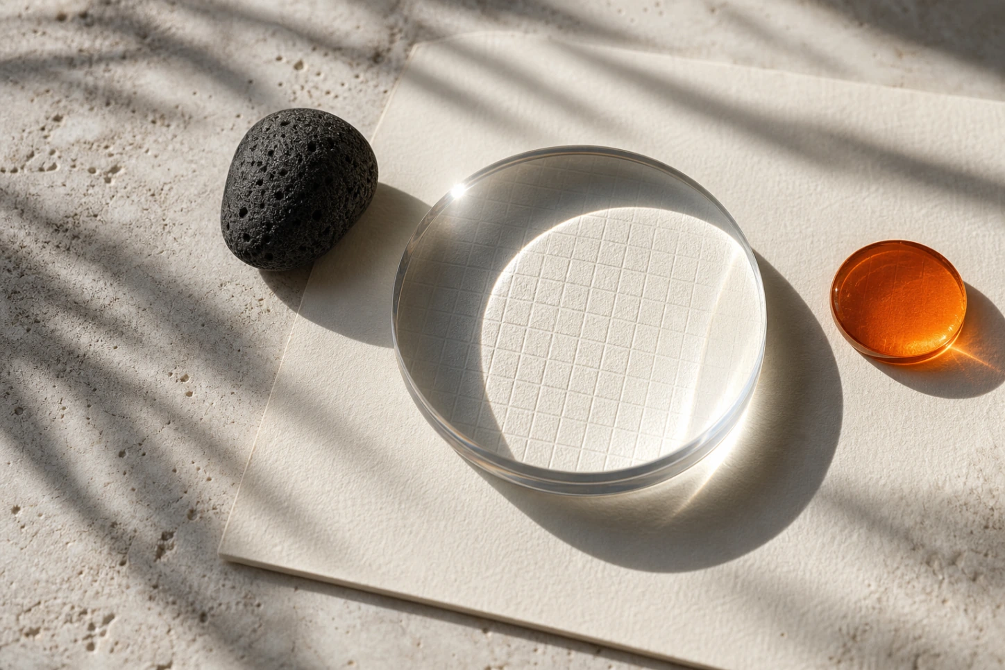 Clear magnifying lens over an embossed grid with volcanic stone and an orange glass accent in Bali sunlight.