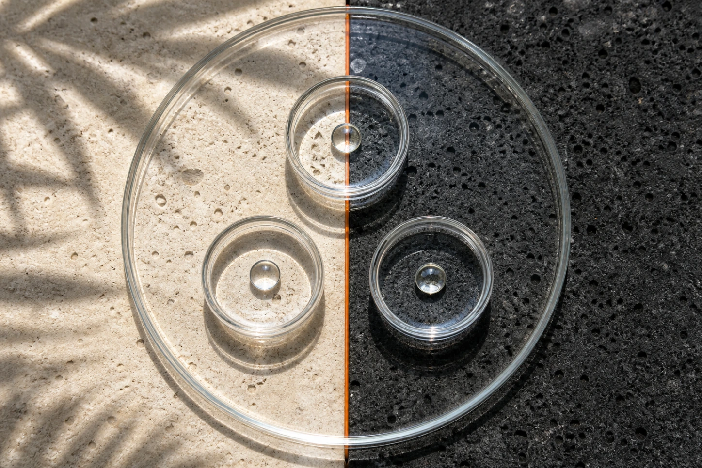 Three clear glass wells arranged over cream limestone and black volcanic stone, divided by an orange line.