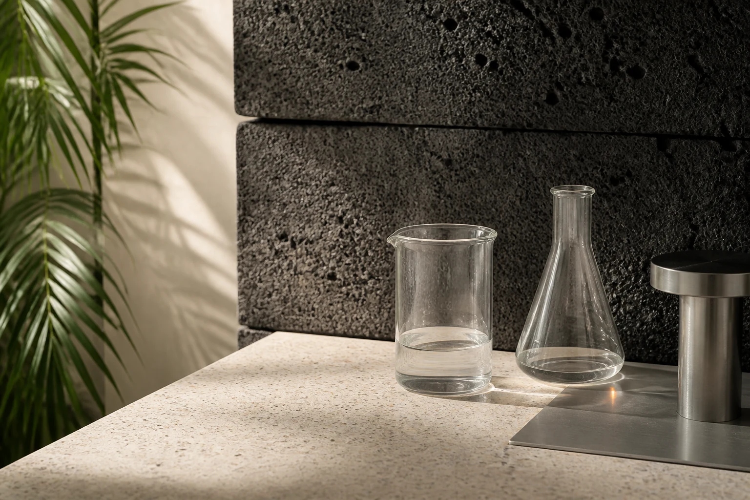 Clear laboratory glass on a cream mineral surface beside a textured black volcanic-stone wall in Bali.