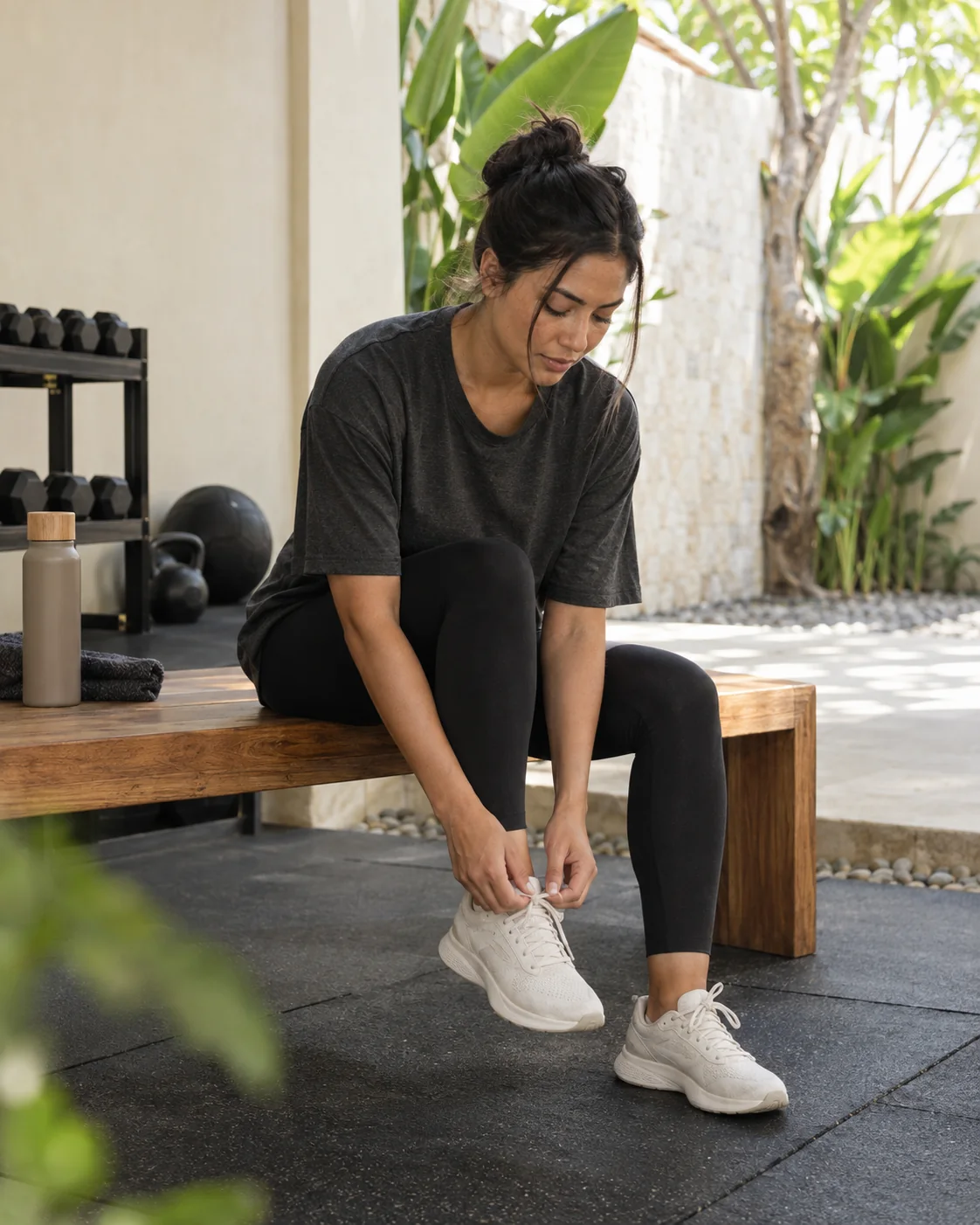 A woman in training clothes tying her shoes on a timber bench.
