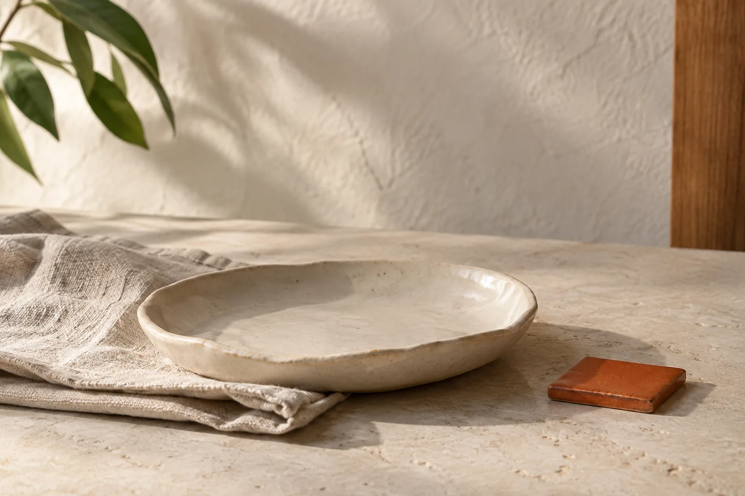 A ceramic dish on folded linen beside a terracotta tile, in soft courtyard light.