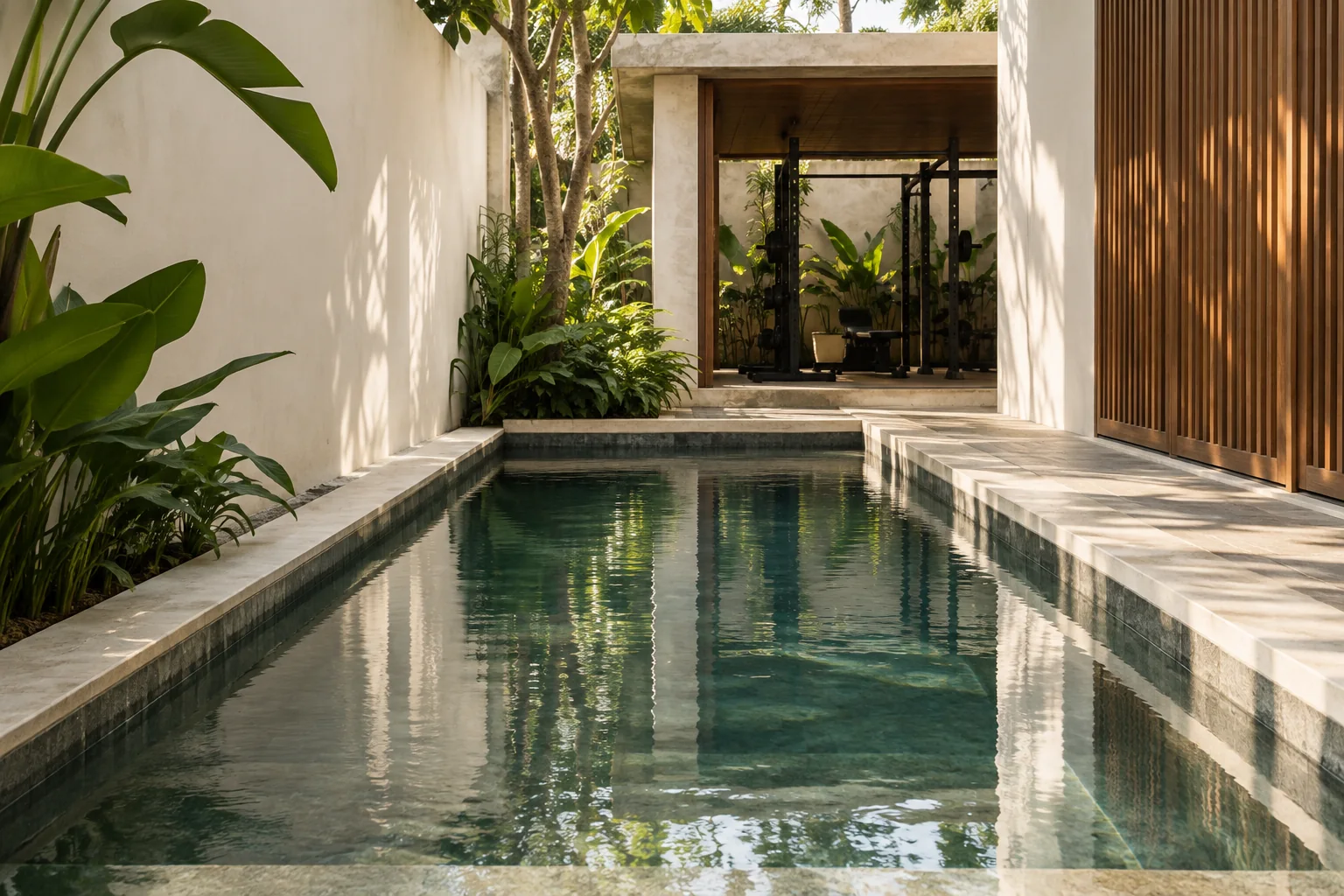 A courtyard pool between pale plaster walls and tropical plants.
