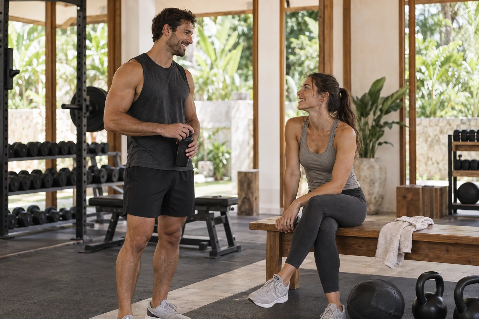 Two people talking between sets in an open-air gym.