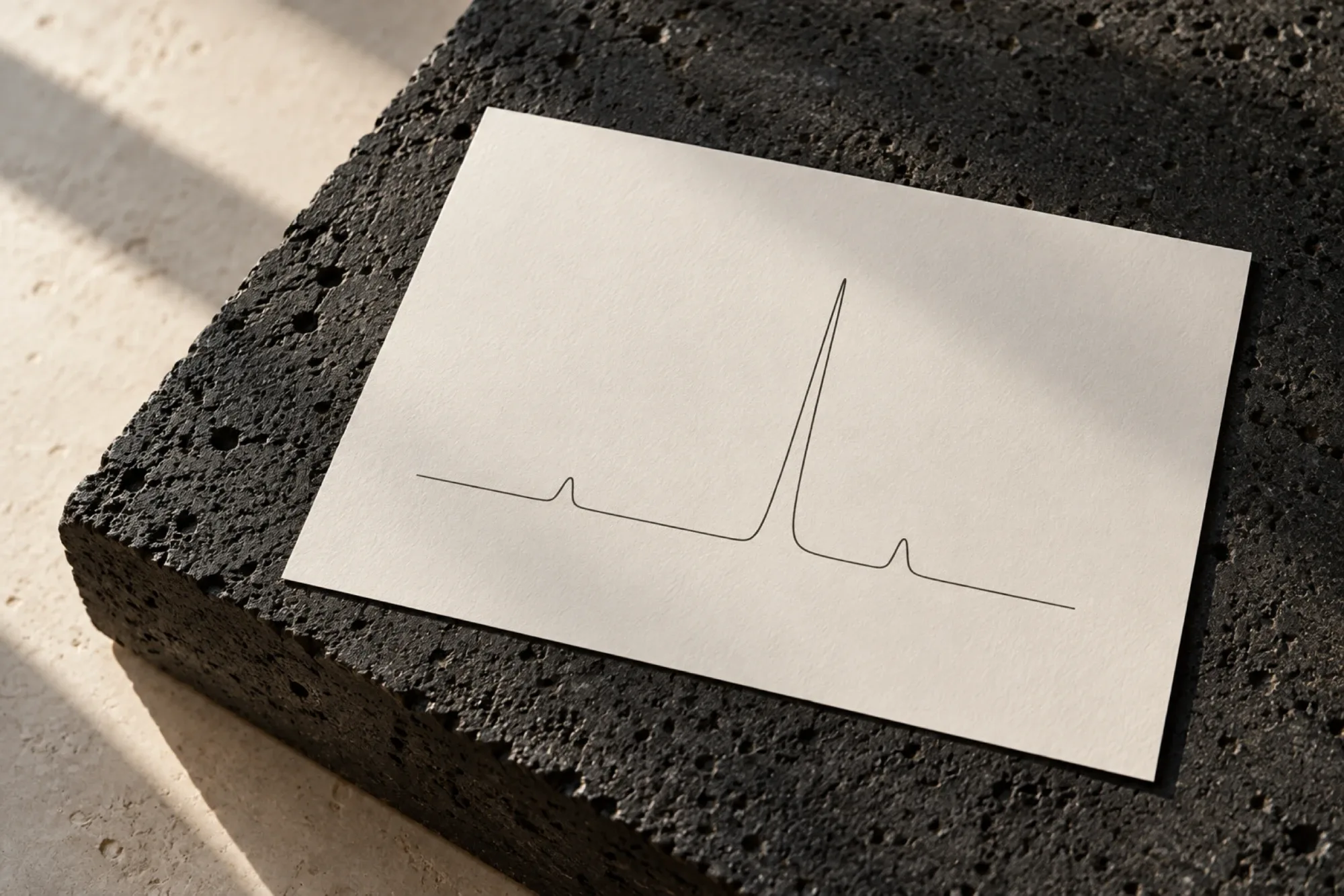 A printed chromatogram trace with one main peak on a card resting on black volcanic stone.